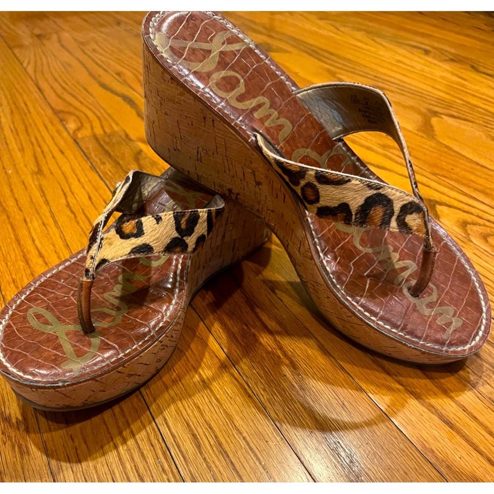 Sam Edelman Cheetah Leopard Print Romy Cork Wedge Platform Sandals Half Calf